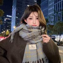 Season Vintage Plaid Scarf, High-End Sense Thickened, Warm Women'S Tassel Shawl Neck tamsiai ruda spalva