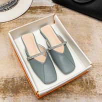 Fashion Patchwork Leather Shoes Woman Haze Blue Mules Glitter String Belt Slippers Home Femme Slides Closed Square Toe Flat Sandals 5