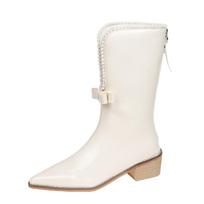 Fashion Autumn Women Designer Bowknot Front Opening Mid-calf Boots Fashion Pointed Toe Ladies Short Boot Square Low Heel Casual Boots 34 smėlis