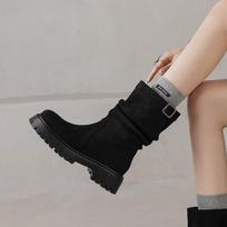Krazing Pot Flock Winter Round Toe Med Heels Fashion Boots Women Slip on Metal Buckle Retro Elegant Women Mid-calf Boots 34 juoda
