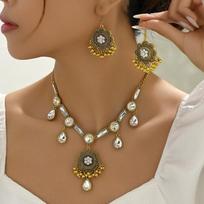 Women Water Drop Crystal Statement Necklace Earrings Jewelry Set žalia