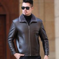 New thickened fur one-piece men's casual plus velvet warm lapel middle-aged and elderly genuine leather jacket sheepskin jacket winter M gray