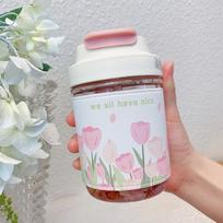 Kawaii Tulip Plastic Water Bottle with Cover Straw Strap for Girls Cute 450ml Coffee Juice Milk Cups Portable Drinking Bottle 450ml white