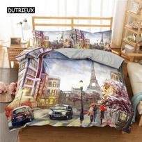 Paris Duvet Cover Set Microfiber Paris Tower Oil Painting Bedding Set Car City Landscape Pattern Quilt Cover Queen King Size EU single(135x200cm) white