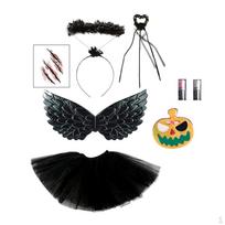 Girls Fairy Costume Set, Halloween Tutu Skirt, Gothic Angel Fallen Angle Kids With Wand