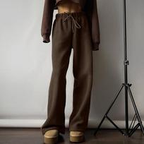 Woman Vintage Fashion Polar Fleece Straight Leg Pants Autumn Winter Casual Baggy Elastic Waist Trousers Warm Basic Pantalones L smėlis