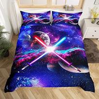 Lightsaber Duvet Cover Set Full,Galaxy Universe Planet Bedding Set 3pcs for Teens Room Decor,Trippy Star Sky Comforter Cover EU Single(135x200cm) blue