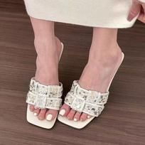 Moterų Batai 2024 Mados Slingback'ai Moteriškos Šlepetės Vasarinės Atviru Pirštu Kvadratiniu Pirštu Blizgučiai Suknelės Stiletai arba Plonu Kulnu Šlepetės 35 balta