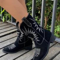 New Embroidery Botas Mujer Faux Leather Cowboy Ankle Boots for Women Wedge High Heel Boots Snake Print Western Cowgirl Boots 35