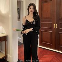 New French Pajamas Women's Spring Cotton Sling Sexy Pure Wind Belt Chest Pad Three-piece Home Clothes Suit Wearing S juoda