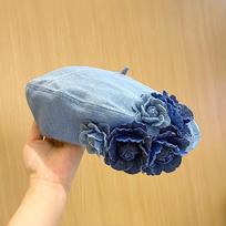 Korean Designer Vintage Elegance Denim Blue Camellia Beret Hats For Women Spring Summer Femininity Niche Casual Painter Caps