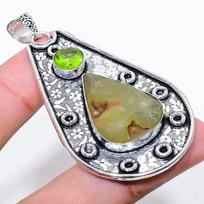 Prehnite, Peridot Handmade 925 Sterling Silver Jewelry Pendant 2.60  F8k42 black