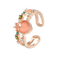 Women Open Ring Adjustable Pink Rhinestone Flower Fruit Heart Shape Hollow Out Polished Party Dating Knuckle Ring Finger Jewelry A beige