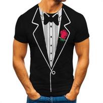 Yousheng Men T-shirt Fake Two-Piece Suit Pattern Pullover Tops Round Neck Design Short Sleeve Tee Shirt Breathable Daily Wear L E