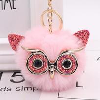 Cute Owl Keychain Artificial Rabbit Hairy Pom-Pom Key Ring Women Bag Pendant šviesiai rausvos spalvos