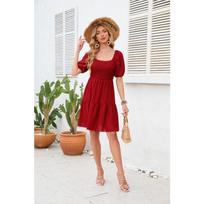 Women's Square Neck Pleated Cute Mini Summer Hairball Dress S raudona