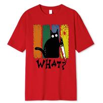 Cute Black Cat What With Knife Creative Design Personality Print Men T-Shirts Cotton Short Sleeve T-Shirt Tops S
