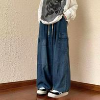 Men/Women Oversized Cargo Pants Vintage Drawstring Multiple Pockets Elastic Waist Solid Color Baggy Denim Pants Wide Leg Trouser 2XL mėlyna