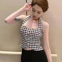 Thousand-bird Grid Halter Waistcoat Hong Kong Wind Retro with New Temperament Waist Slimming Retro Top Tide One size