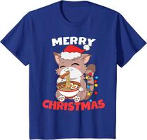 Merry Christmas Anime Kawaii Cat Ramen Xmas Lights T-Shirt S armijos žalia spalva