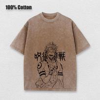 Anime Printed Vintage Cotton T-Shirt Men Oversize T Shirt Harajuku Summer Short Sleeve Tshirt Women Vintage Washed Tees S gray