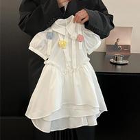 Girls' Puff Sleeve Korean-Style Summer Dress with Handmade Floral Design 110 balta