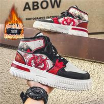 High-top board shoes men's winter versatile high-value sports leisure velvet thickened warm couple tide shoes men's cotton shoes 35 raudona