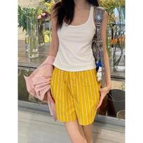 Retro High-waisted Lemon Yellow Striped Casual Shorts for Women In Spring and Summer New Niche Loose Versatile Home Pants S