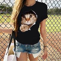 Fashion Funny Cat Printed T-shirts Women Summer Casual Short Sleeved T-shirts Round Neck Tops M juoda