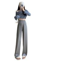 Gray ice silk wide-leg pants for women in spring and autumn summer loose straight casual small high waist drooping acetic acid pants S
