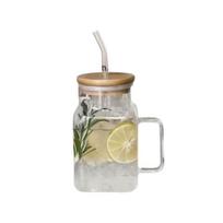 1/4 Piece 17.4 Oz/510 Ml Glass With Bamboo Lid And Straw, Iced Coffee Cup, Summer Wine Set, Birthday Gift, Suitable For Cafes 501-600ml