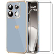 Case for Xiaomi 14T Pro, Protection with Heart Pattern Shockproof Lightweight - Blue + 2 Tempered Glasses