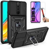 Pack 2 Verres Trempés+ Coque Pour Redmi 9 (6.53 ) Noir Dure Bordure Renforcée Epais Style Armée Rigide