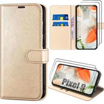 Case + 2 Tempered Glasses for Google Pixel 9 - Shockproof Flip Case Golden Synthetic Leather with Card Holder