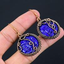 Blue Cameo Face Handmade Copper Wire Wrap Jewelry Earring 2.17 L1q96