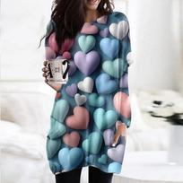 Women's Valentine's Day Love Heart Print Fashion Casual Long Sleeve Round Neck Top L mėlyna