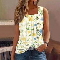 Women's Fashion Casual Basic Pleated Plain Button Square Collar Sleeveless Vest Print Summer Tank Tops L smėlis