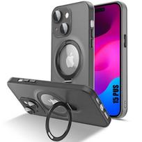 Case for iPhone 15 Plus, Shockproof Hard with Adjustable Magnetic Ring Stand and Camera Protection - Translucent Black juoda
