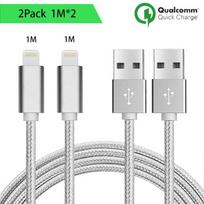 Charger Cable for iPhone - BRAND - Set of 2 - 1M - Silver Nylon - Compatible iPhone 5 to 11 Pro Max