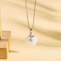 Ping An Buckle Necklace Women'S Light Luxury Retro Guochao Inlaid White Jade Pendant Necklace