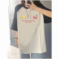 College Style Outfit with Large Size Rag-shoulder Color Block Short-sleeved Cotton T-shirt for Girls In Spring and Summer New Loose Round Neck Top S