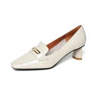 Retro light mouth leather shoes new embossed first layer butter square head high heels versatile fashion casual women's shoes 35 balta