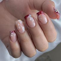 24 Pcs Red French Tip Press On Nail Short Square False Nail Flowers Acrylic Nail Simple Full Cover Stick On Nail 1