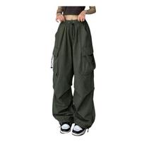 Women Cargo Pants Hip Hop Baggy Solid Color Multi Pockets Elastic Waist Match Top Loose Breathable Lady Trousers Women Clothes XL armijos žalia spalva