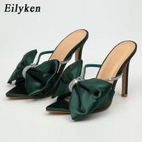 Eilyken Nauja Vestuvinė Nuotaka Moteriškos šlepetės Madingi krištoliniai krištolo akmenukai Bowknot Ploni aukštakulniai Vasariniai seksualūs vakarėlio šokių batai 42 juoda