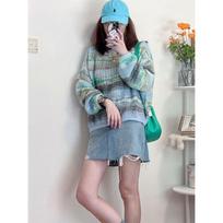 Pullover Sweater Female 2022 Mohair Soft Waxy Stripe Knitwear Women Spring Autumn Relaxed Loose Wear Artistic Sweater Pullover One Size dangaus mėlyna spalva