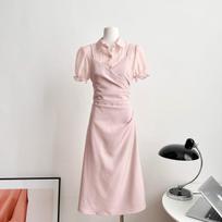 Summer Korean Polo Collar Splicing Fake Two Pieces Dress French Waist-slimming Elegant Long Dress S rožinė