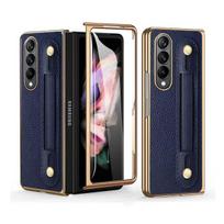 Business Wristband Leather Slim Case For Samsung Galaxy Z Fold 4 Fold4 5g Fold3 Fold2 Fold 3 2 Tempered Glass Film Cover Cases for Samsung Z Fold 4 mėlyna