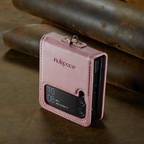 Non -Fingerprint Leather Folding Phone Case For Samsung Galaxy Z Flip4 Flip 4 5g Zflip4 Anti -Dust Lanyard Fashion Cover for Samsung Z Flip 4 rožinė