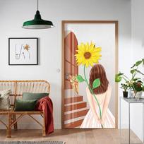 Sunflower Door Stickers Retro Decorative Sticker Self-adhesive Waterproof Colorful Pattern Wallpaper Mural Apartment Decor 38.5*200cmX2Pcs brown